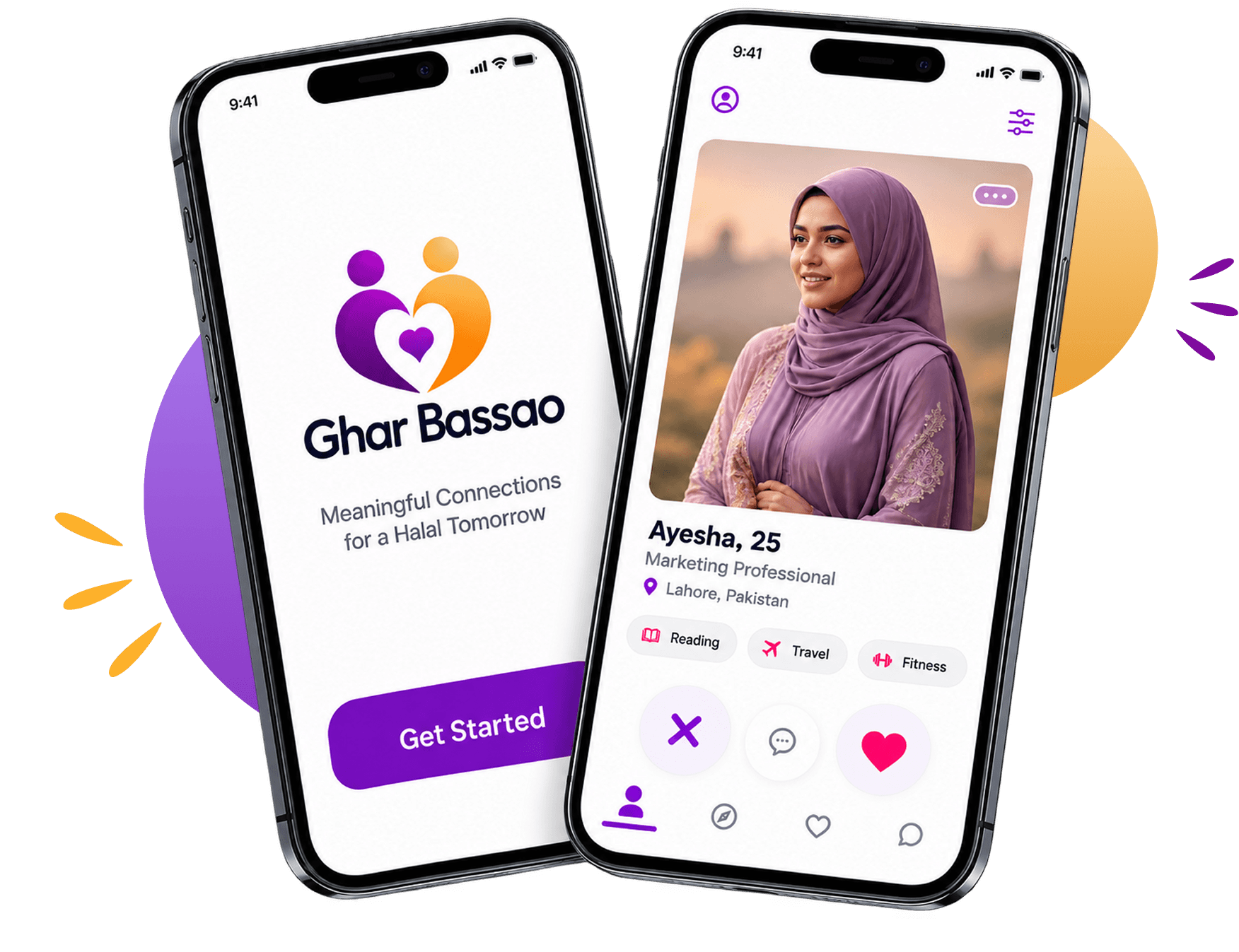 Ghar Bassao app on mobile — welcome and profile screens